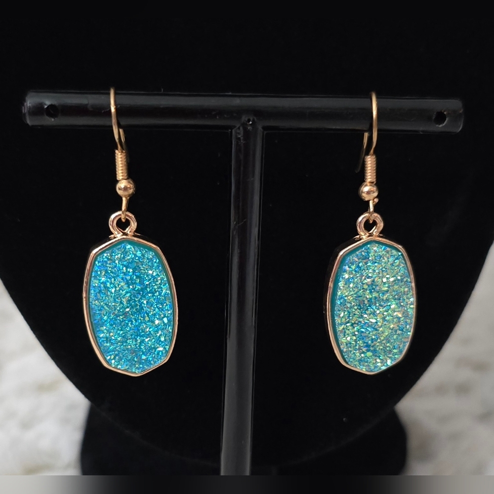 Blue & Gold Earrings with Iridescent Sparkle‎ Set In Rose Gold Tone Bezel NWOT